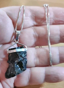 Vtg Shungite 925 Sterling Silver Pendant 18" Italy Necklace - Picture 1 of 8