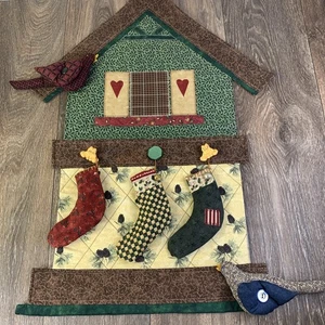 Vintage Hand Stitched Quilted Country Bird House Wall Hanging 26” x 16” Folk Art - Picture 1 of 11