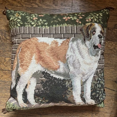 Vintage Needlepoint St Bernard Dog Accent Pillow Cover 16x16  - Image 1 of 4