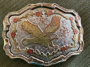 Fibbia per cintura "W" Eagle Western Made USA tono argento e rame, adulto 3,5x2,75" - Foto 1 di 3