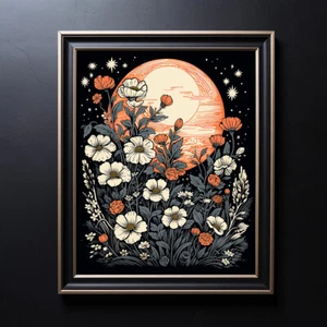 Full Moon and Flowers Print, Dark Floral Art, Mystical Abstract Wall Art - Bild 1 von 4
