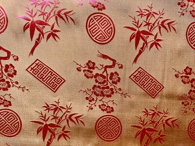 Seidenstoff Kirsche Bambus Glückszeichen rot / beige - Meterware - Bild 1 von 4