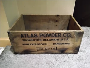 Vintage Holz Atlas Pulver Firma Kiste Kiste Sprengstoff Wilmington Delawar - Bild 1 von 7