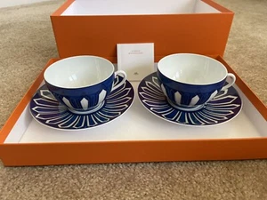 Hermes Bleus d'Ailleurs Tea Cup & Saucer 2 Sets Blue Porcelain Tableware w/Case - Picture 1 of 4
