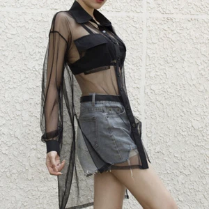 Damen Netz Langärmlig Durchsichtig Hemd Fokuhila Saum Mantel Langleine Schwarz - Bild 1 von 12