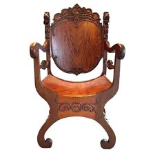 Antique Ornate Carved Wood Wooden Lion Head Savonarola Throne Chair