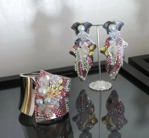 SET - Bangle and Earrings - Pearls Rhinestones Pink Quartz, Designer Pieces. - Picture 1 of 4