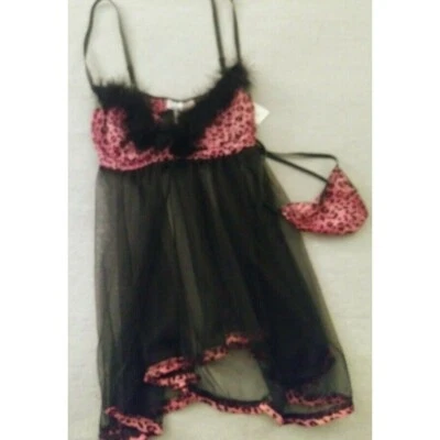 Malina Nightie SEXY Rosa Negro Leopardo Camisón Camazón y Bragas Pequeño NUEVO Foto 1 de 3