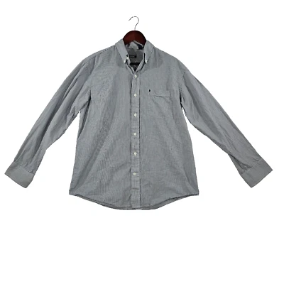 Camisa de vestir IZOD para hombre con botones mangas largas bolsillo logotipo guinga gris blanco M Foto 1 de 4