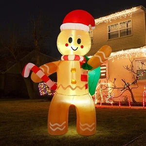 Christmas Inflatables 6 Ft Gingerbread Man with Gift Bag Candy Cane LED Lights - Picture 1 of 6