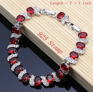 Silver tone Lab Created Ruby Gemstone & AAA CZ Tennis Bracelet - Picture 1 of 2