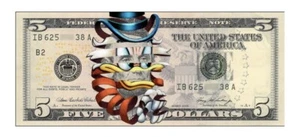 SUPER A SCROOGE MCDUCK DIGITAL DTG PRINT ON US FIVE DOLLAR BILL /50 THINKSPACE - Picture 1 of 1
