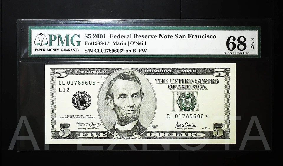 [STAR NOTE] FRN $5 2001 FR1988 PMG 68 SUPERB GEM UNC EPQ REPLACEMENT RARE GRADE - Image 1 of 2