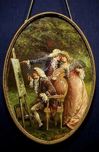 ANTICO DIPINTO OVALE Umberto Zini RITRATTO SCENA ROMANTICA GIARDINO VENEZIA 800 - Foto 1 di 11