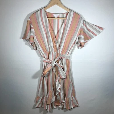 Vestido envolvente LC Lauren Conrad para mujer pequeño mezcla de lino pastel multicolor con volantes Foto 1 de 4