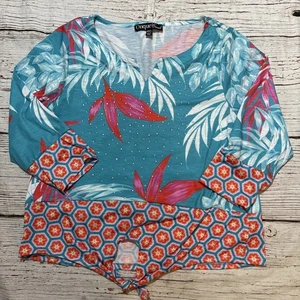 Top donna casual Onque taglia PXL acqua scollo a V maniche 3/4 strass blusa NUOVO - Foto 1 di 8