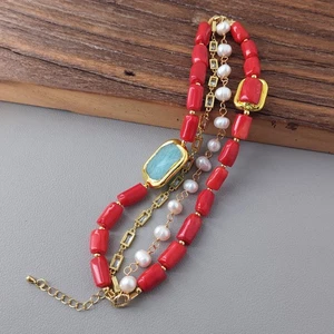 Armband Damenarmbänder weiße Kartoffelzuchtperlen rote Koralle Amazonit - Bild 1 von 6