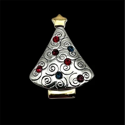 Broche de árbol de Navidad Lia Sophia tono plata y oro con cristales de colores Foto 1 de 3
