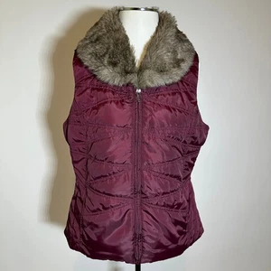 Exertek Maroon Faux Fur Trim Puffer Vest Full Zip Lightweight Womens Size Large - Picture 1 of 12