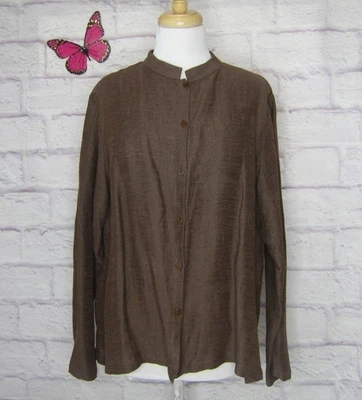 Blusa Eileen Fisher mistura italiana mistura de linho texturizado colarinho mandarim marrom tamanho. L - Imagem 1 de 4