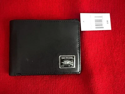 Cartera True Religion Cuero Genuino Negra Doble Plegable RFID Placa de Metal Logo NUEVA $55 Foto 1 de 4