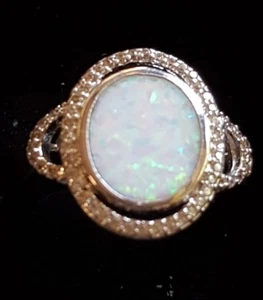 Vintage Sterling Silver Lab Created Opal Halo Pave Cocktail Ring Sz 7.5 Hallmark - Picture 1 of 6