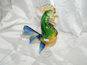 Murano Glass Green & Blue Rooster Figurine 9" MADE IN ITALY - Picture 1 of 2