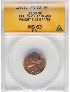 1980 NICKEL * STRUCK ON PENNY PLANCHET ANACS MS63 RB * - Picture 1 of 2