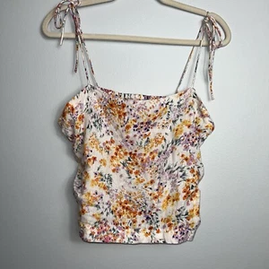 H&M Linen Floral Tank Top Size Large Cottage Feminine Tie Straps Multicolor Crop - Picture 1 of 10