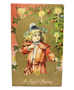 A Joyful Christmas Edwardian Child Decorated Tree Candles 1910s Postcard Used - Picture 1 of 4