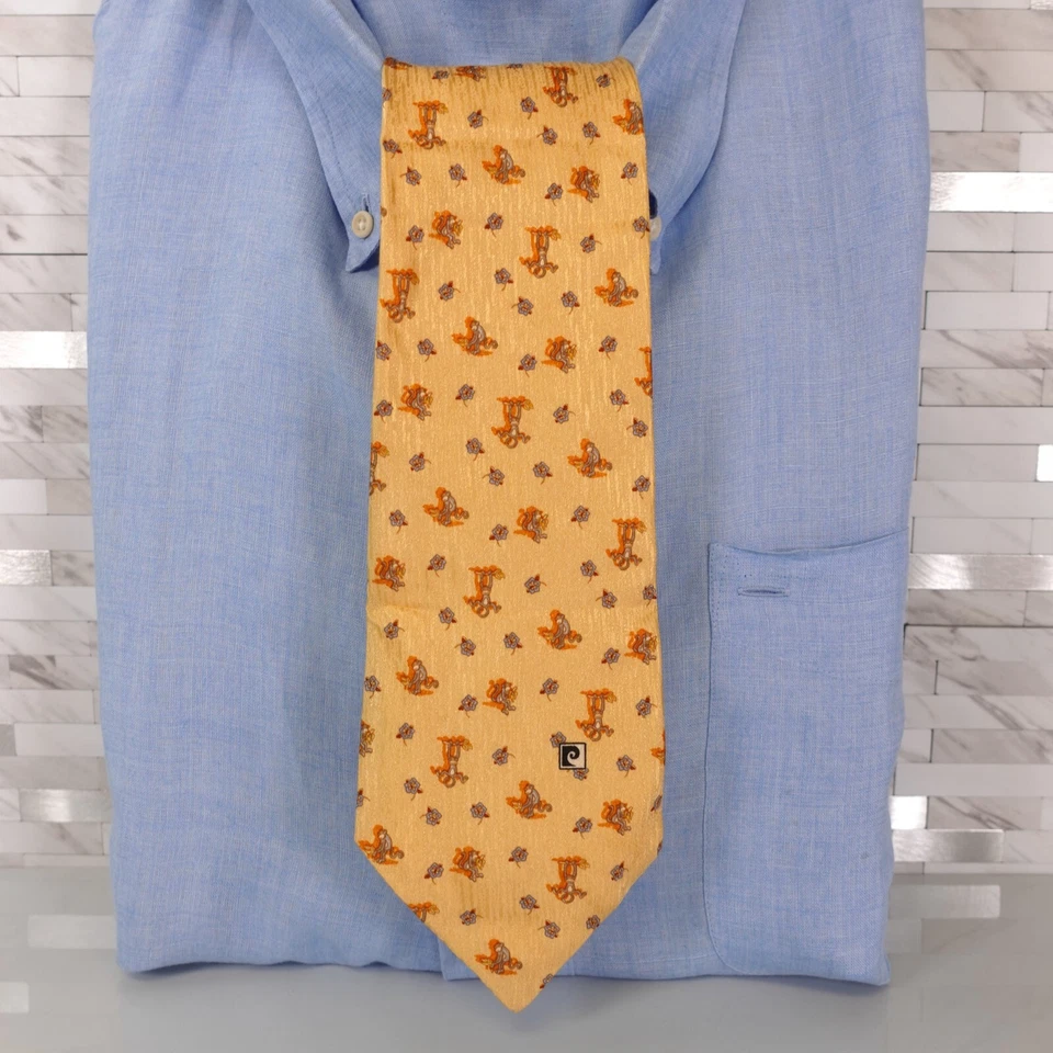 Pierre Cardin Neck Tie Men Yellow Animal Floral Silk Bright Luxury Monkey Italy - Image 1 of 4