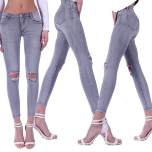 Damen Jeans Röhrenjeans Röhre Stretch Skinny Ripped Hose Sexy Hüftjeans Grau G10 - Bild 1 von 5