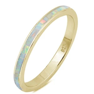 Yellow gold platted White Opal Band .925 Sterling Silver Ring - Picture 1 of 2