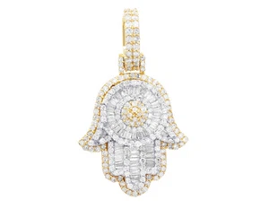 Baguette 4/5 CT Real Diamond Hamsa Charm Pendant 1.1" 10K Yellow Gold - Picture 1 of 4