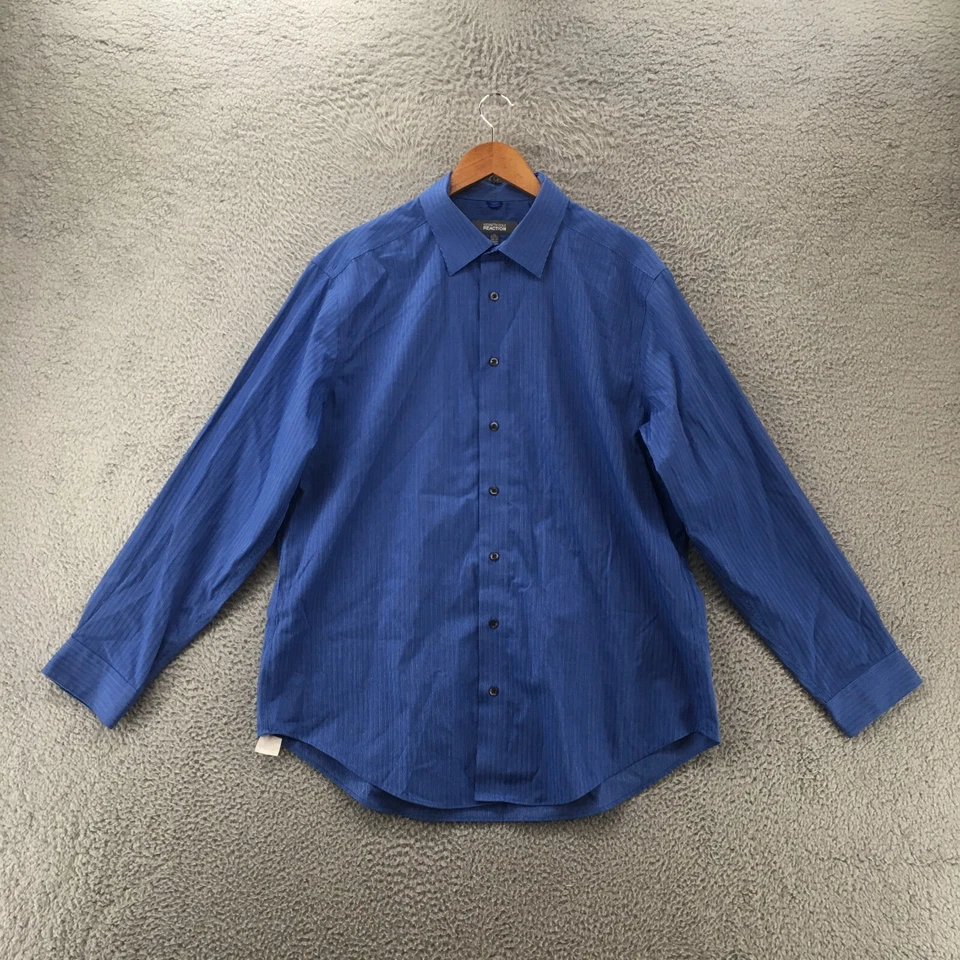 Kenneth Cole 反应礼服衬衫男式 XL 蓝色胸针条纹纽扣长袖 — 第 1/4 张图片