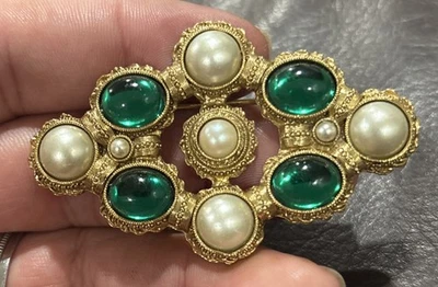 Broche de colección 1928 imitación perla verde cabujón metal dorado broche prendedor Foto 1 de 4