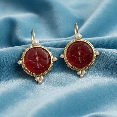 Museum Edwardian Intaglio Earrings Red Pearl Gold Cameo Flower Geometric - Image 1 of 4