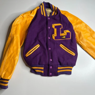 Jaqueta vintage anos 80 caça artigos esportivos Varsity Letterman couro de lã dourado roxo - Imagem 1 de 4