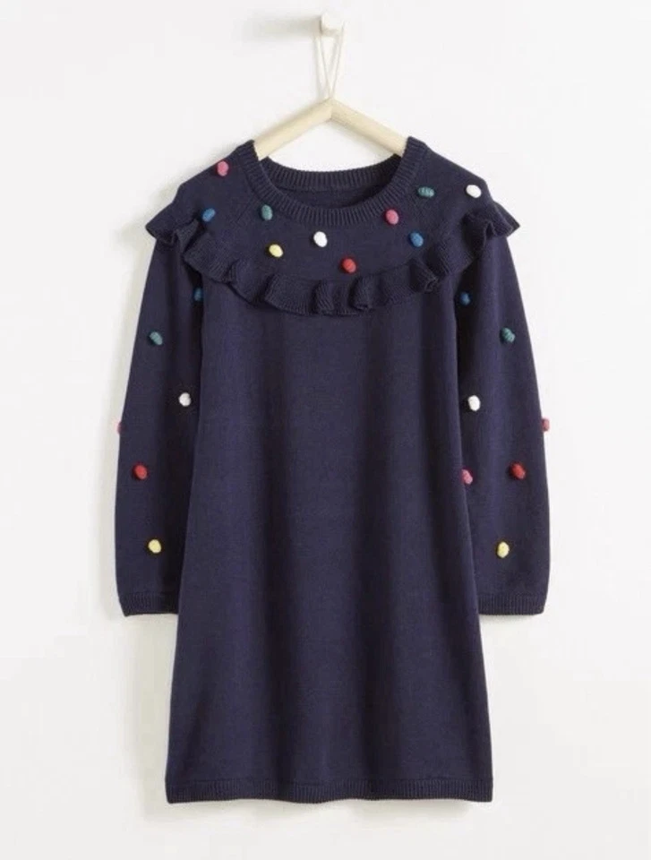 Hanna Andersson Girls Size 8 Navy Multicolored Pom Pom Cotton Sweater Dress - Image 1 of 4