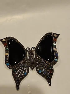 Spilla farfalla vintage spilla argento sterling 925 multi pietre preziose onice nera gioielli  - Foto 1 di 9