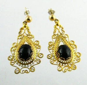 Vintage 1/20th 12k Yellow Gold Fill and Black Onyx Drop Earrings 4g 1.5 In GF - Picture 1 of 12