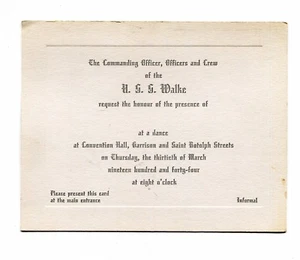 Vintage US Navy Tanzeinladung USS WALKE 1944 Convention Hall - Bild 1 von 1