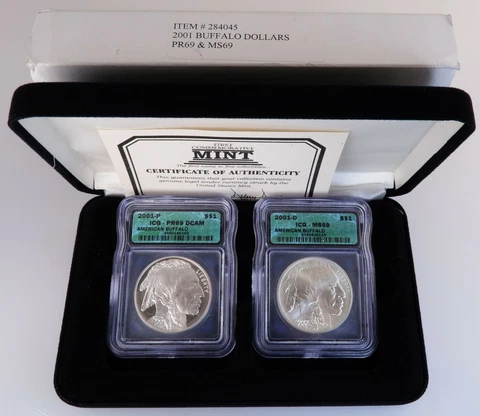2001 American Buffalo Dollar 2 Piece Set ICG PR69 DCAM & MS69 Original Box & COA Cover