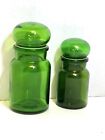 Vtg Belgium Green Glass Bubble Lids Canister Apothecary Jars 7?& 5.5?