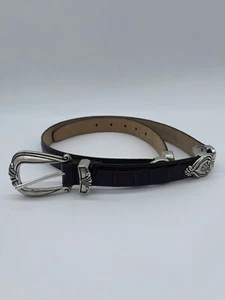 Brighton Brown Leather Croc Belt 1” Silver Heart Accents Size Large 34" #B6408 - Picture 1 of 9