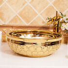 17"Bathroom Waterfall Mixer Faucet+Round Gold Ceramic Basin Sink Bowl+Drain Tap