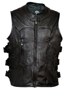 Premium Naked Cowhide Leather Motorcycle Biker Vest Waistcoat Adjustable SWAT - Picture 1 of 4