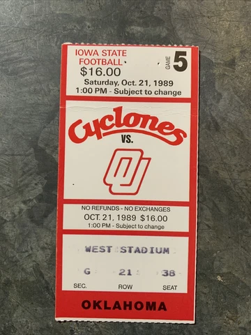 1989 Oklahoma Sooners Iowa State Cyclones Football Ticket Stub OU Norman ISU Cover