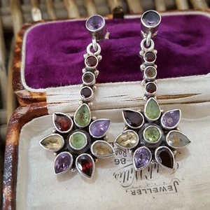 Vintage 925 Sterling Silver Earrings, Multi Gemstones Dangle, Citrine, Garnet - Picture 1 of 7