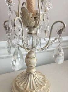Creamy White Rubbed Gold Candelabra - Prisms - Roping - Lighting Decor - French - Picture 1 of 5
